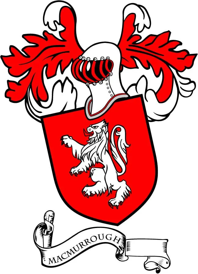 Family crest coat-of-arms magnet with red shield, white lion, and MACMURROUGH ribbon