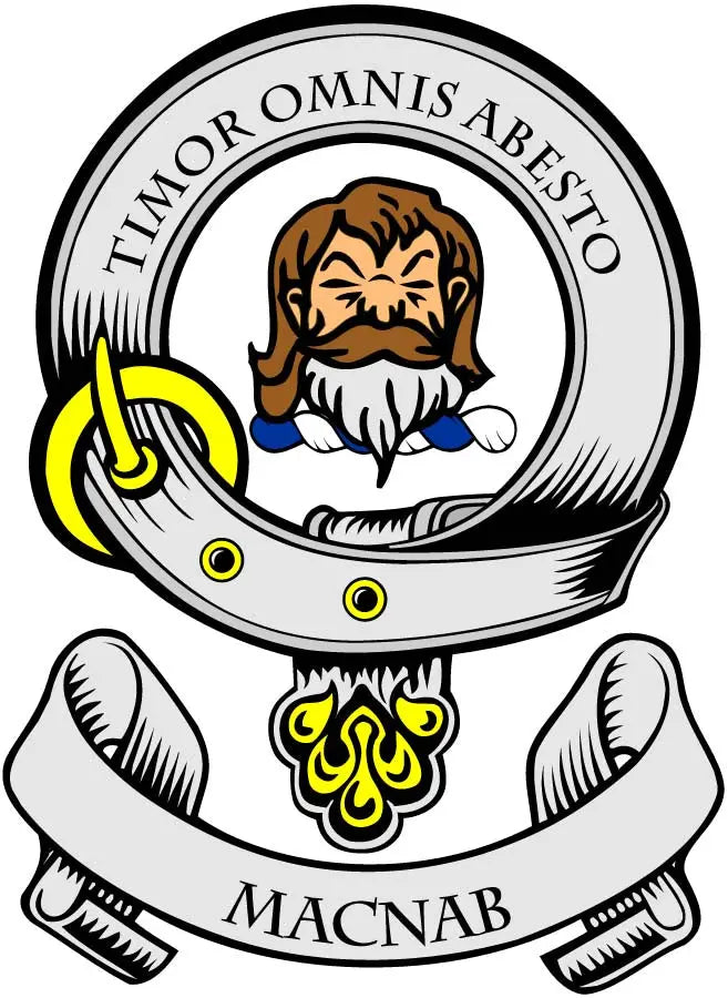 Round family crest coat arms magnet with circular seal, beard figure, and gold accents