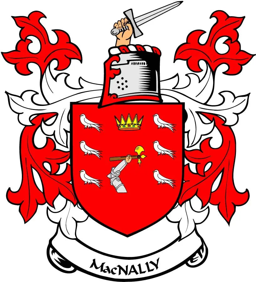 Red family crest coat of arms magnet with shield, crown, and MacNALLY banner