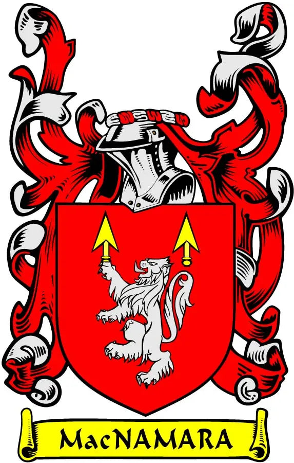 3-inch family crest coat of arms magnet with red shield, white lion, and MacNAMARA banner
