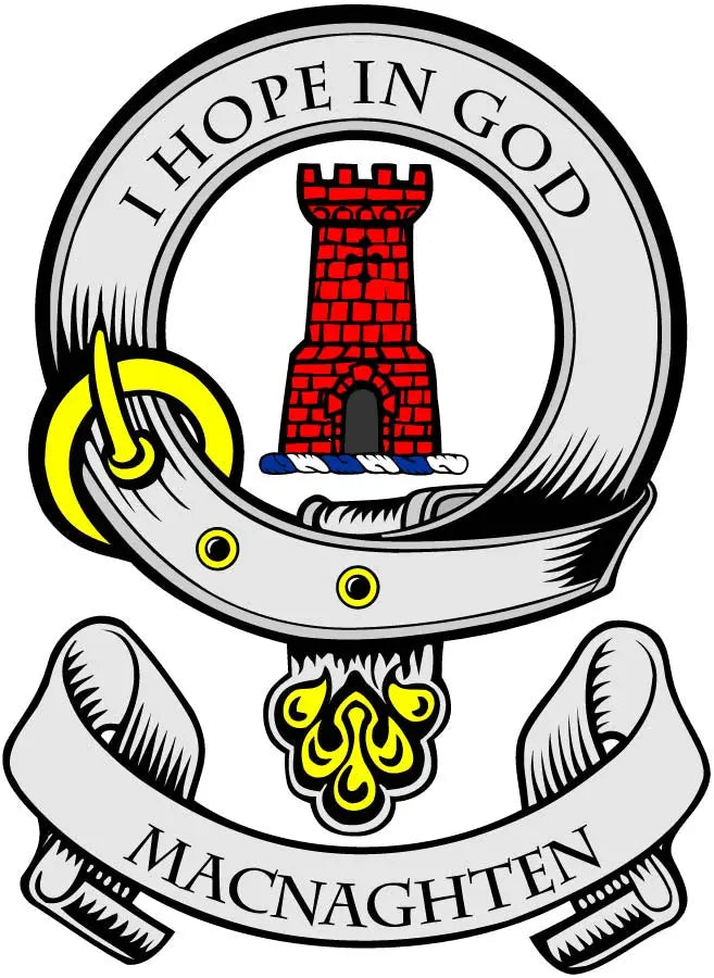 MacNaughten family crest coat-of-arms magnet, shield crown and banner design
