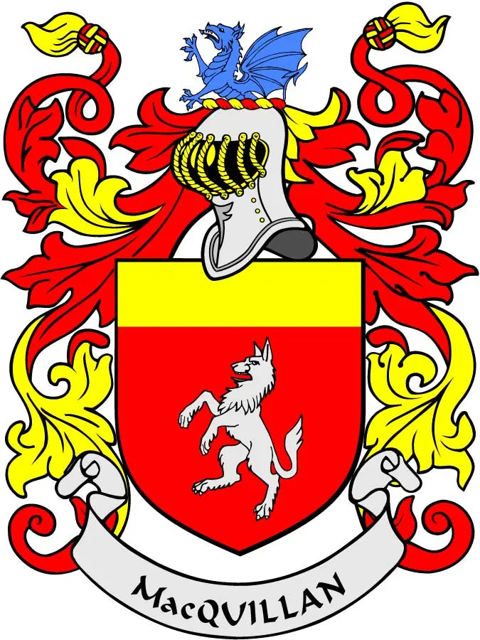 MacQuillan family crest coat of arms shield with lion on red background