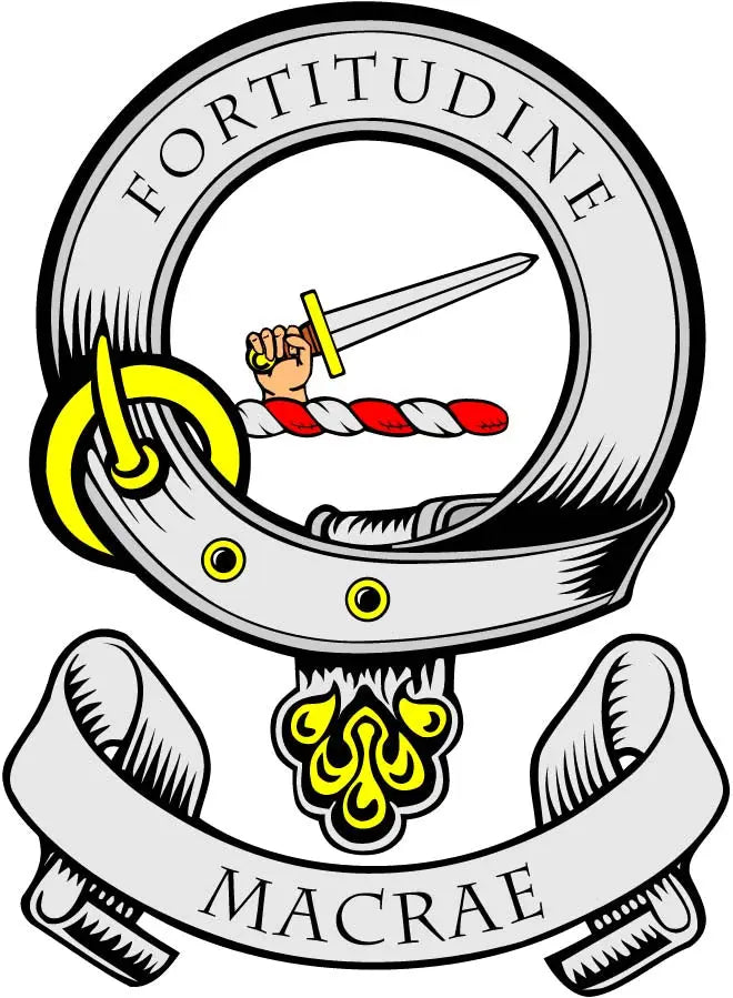 Circular family crest coat arms magnet with helmet and shield design, MacRae lettering