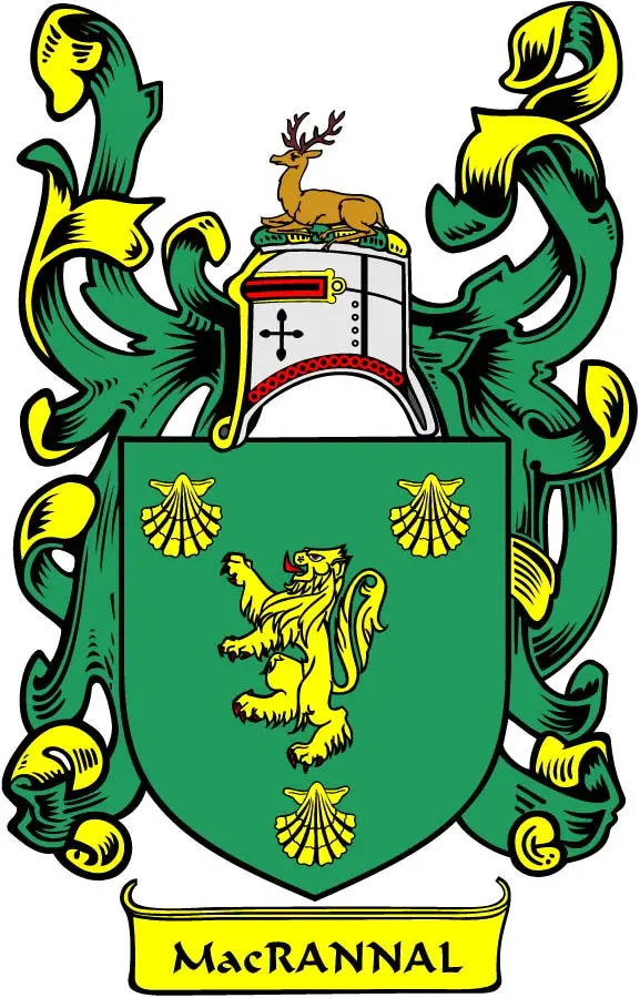MacRannal family crest coat arms magnet with green shield, lion, and deer antlers