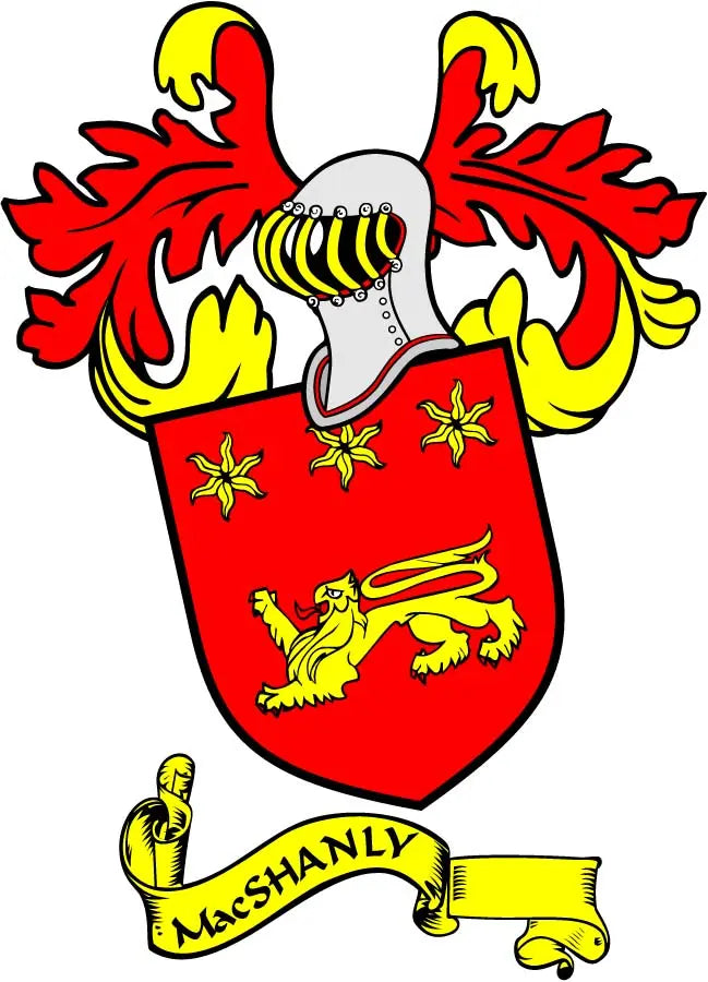 Family crest coat of arms magnet: red and yellow shield with lion and banner