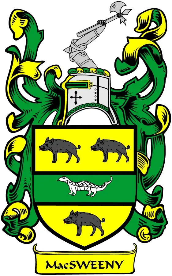 MacSweeny family crest pinback: green-yellow shield with black animal icons and banner