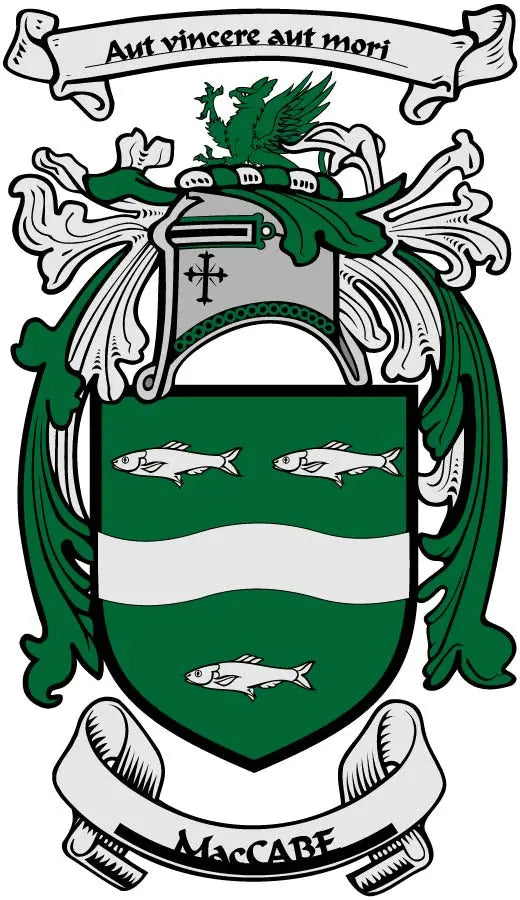 Macabe family crest coat arms magnet, 3-inch shield with green and white design