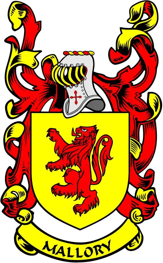Family crest coat of arms magnet with yellow shield, red lion, and 'MALLORY' banner