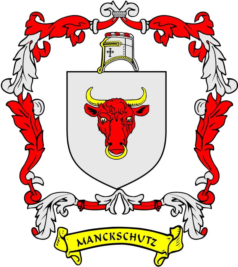 Family crest coat of arms magnet with shield and red bull, banner 'MANCKSCHUTZ'