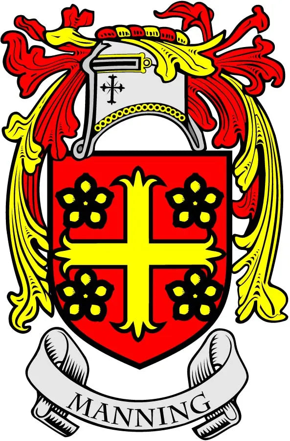 Manning family crest coat arms magnet with shield, red cross, and banner reading MANNING