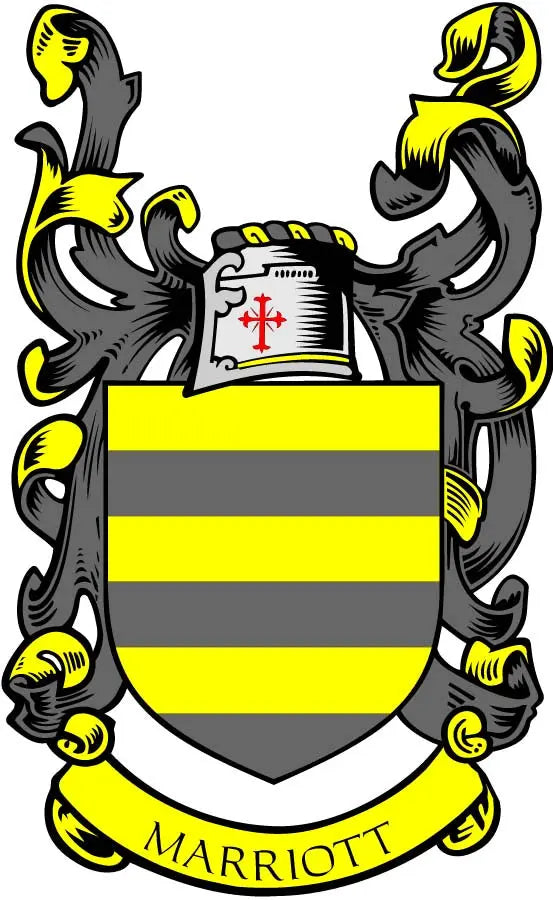 Marriott family crest coat arms magnet with yellow and black shield and banner