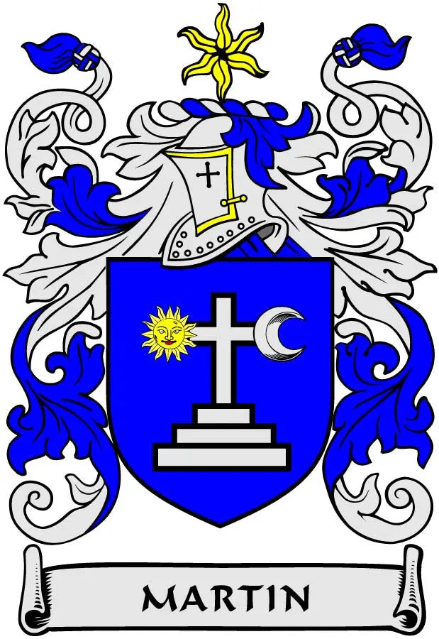 Martin family crest coat of arms magnet with blue shield, cross, sun and moon symbols