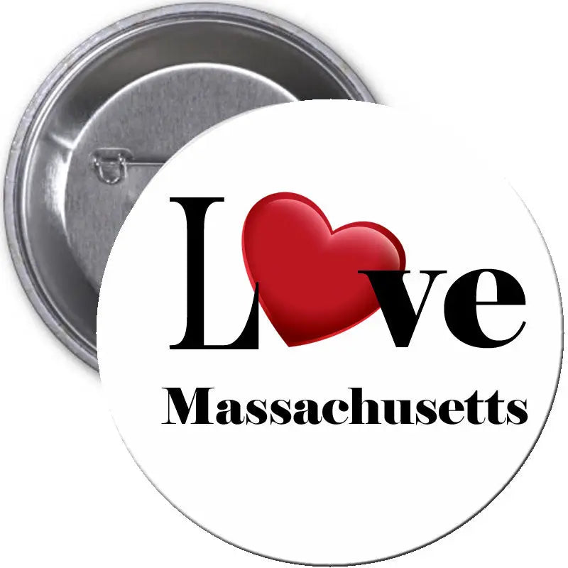 2.25-inch pinback button with red heart and 'I Love Massachusetts' text