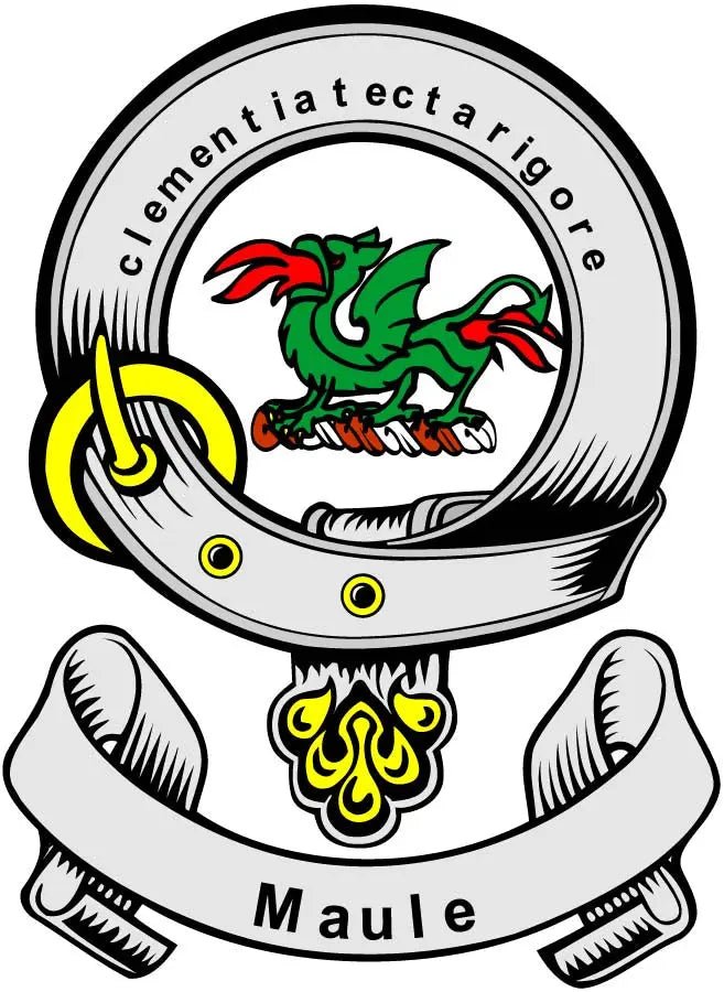 Round coat-of-arms magnet with green dragon crest and 'Maule' ribbon text