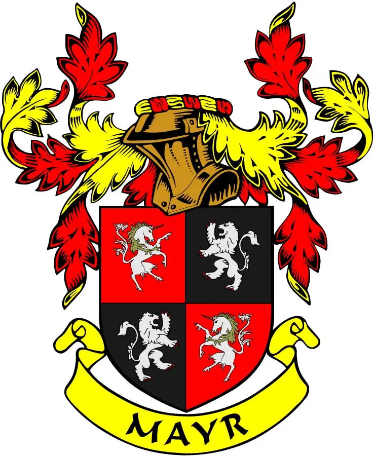 Mayr family crest coat of arms refrigerator magnet with shield and lions