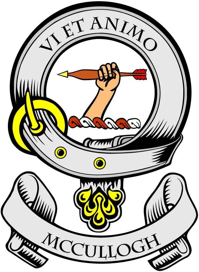 Round McCullogh family crest magnet with coat of arms and banner text