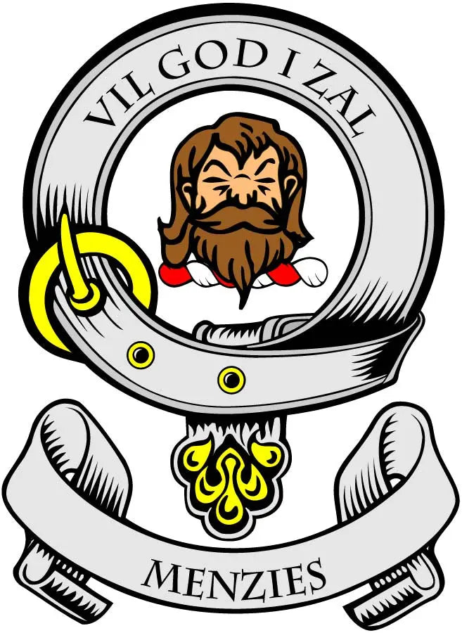 Round coat-of-arms magnet with lion face, crest ribbon, and MENZIES text