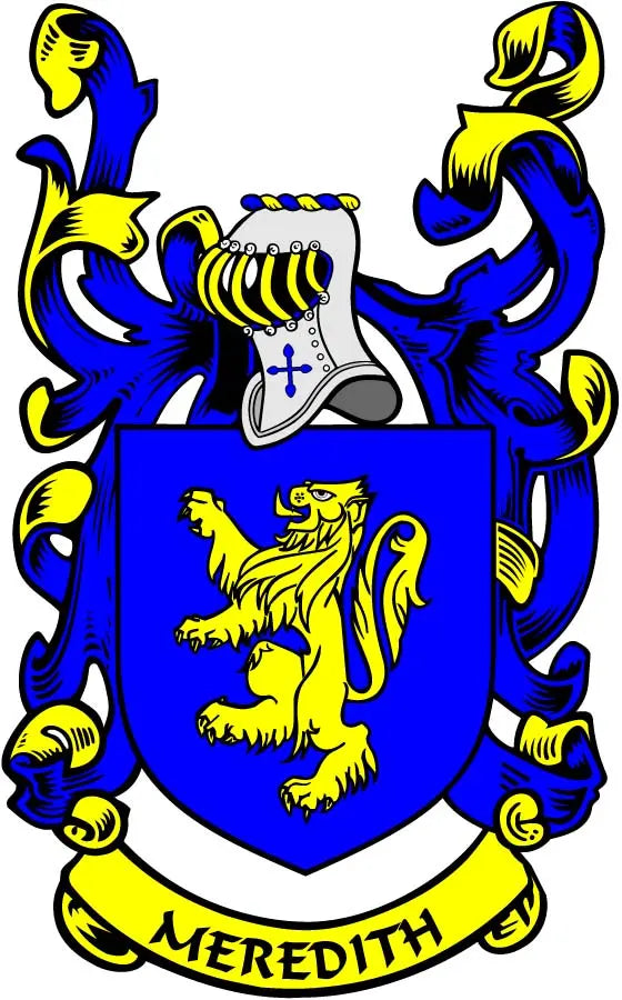 Meredith family crest coat of arms pinback, blue and yellow shield with MEREDITH banner
