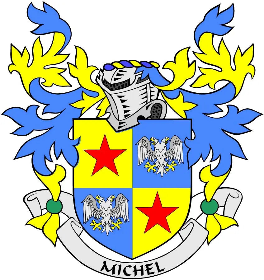 Family crest coat arms magnet with blue and yellow shield, stars, and eagle symbols