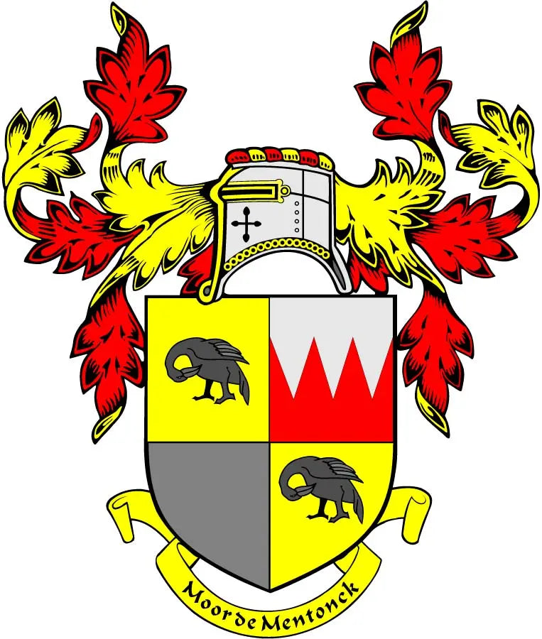 Family crest coat of arms magnet with shield, helmet, and red-yellow accents