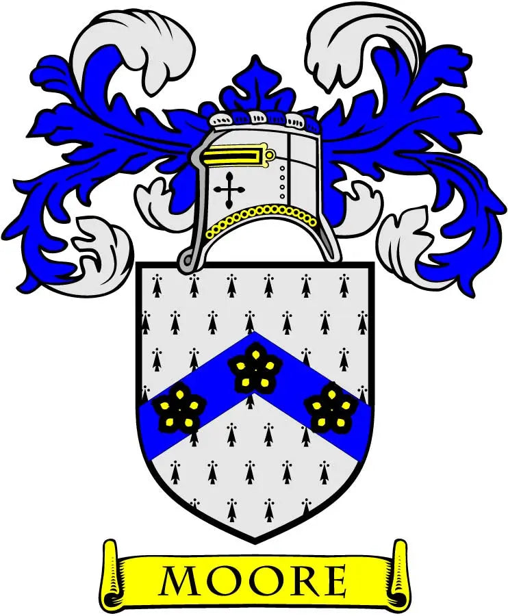 Moore coat of arms magnet with blue and white shield, crown, and MOORE banner.
