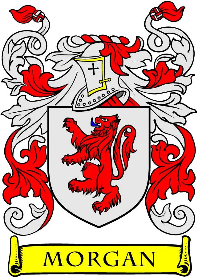 Morgan family crest magnet with shield, red lion, and 'MORGAN' banner