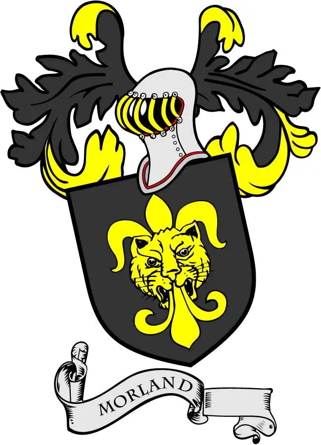 Coat of arms family crest magnet with lion shield and Morland ribbon scroll