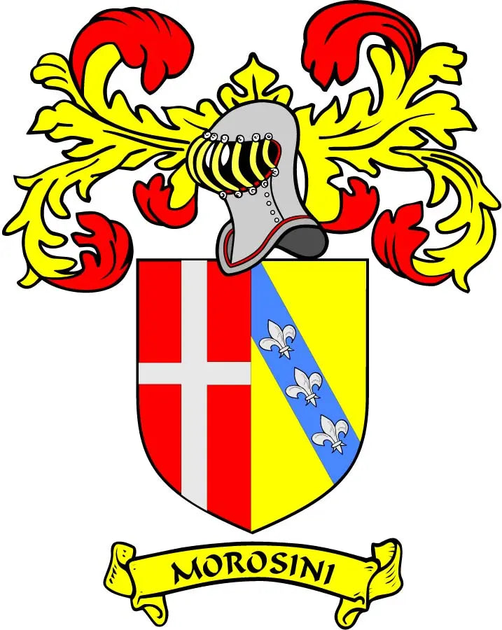Morosini family crest coat arms magnet with shield, helmet, and red lion mantling