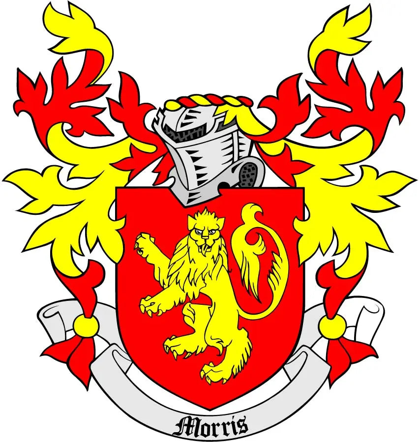Morris family coat of arms crest emblem with red shield, yellow lion, and banner