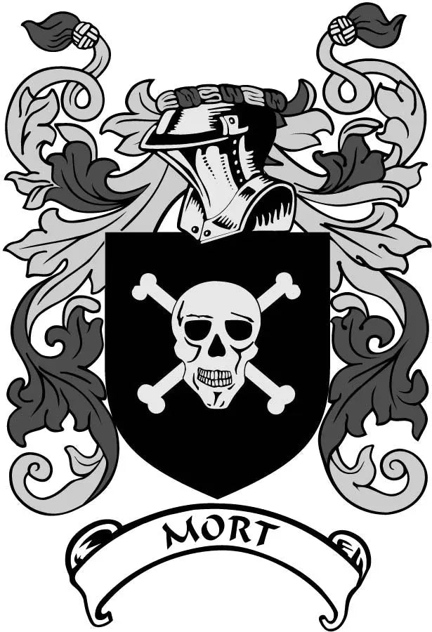 Mort family crest pinback with black shield, skull and crossbones, ornate ribbon