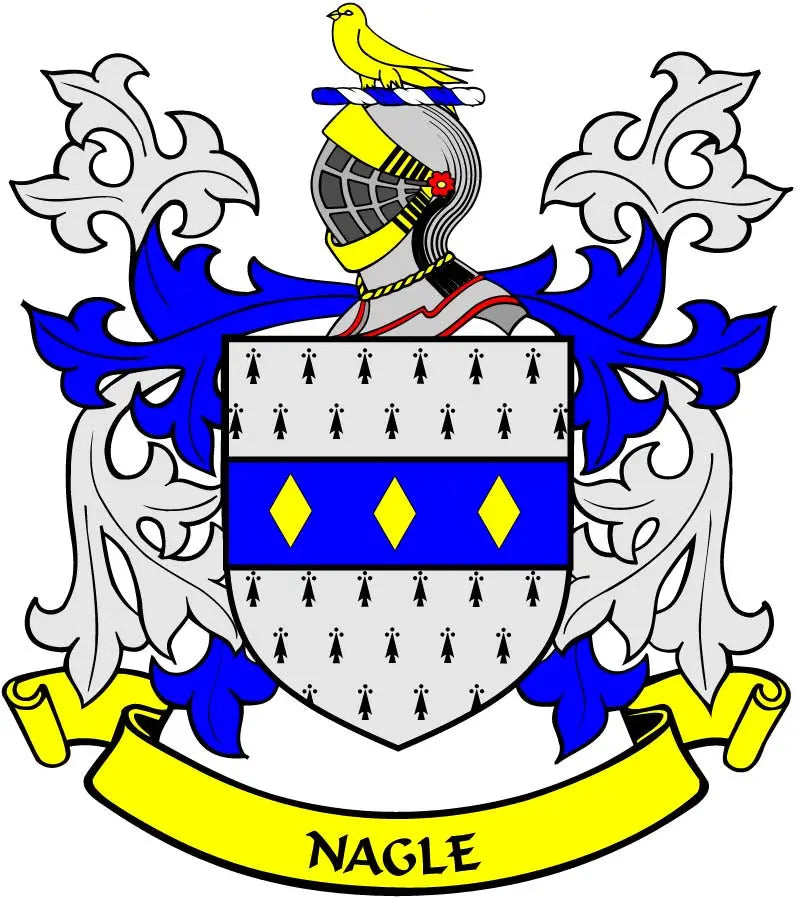 Heraldic coat of arms magnet with blue and yellow shield and NAGLE banner