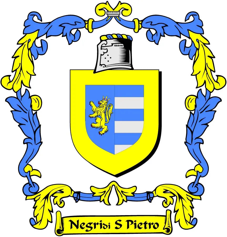 Family crest coat arms magnet with yellow shield, blue stripes, lion and ribbon text