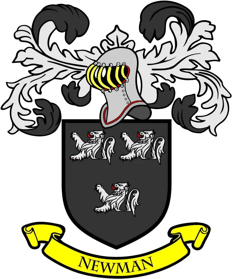Coat of arms pinback with black shield, white lion designs, and yellow “NEWMAN” ribbon