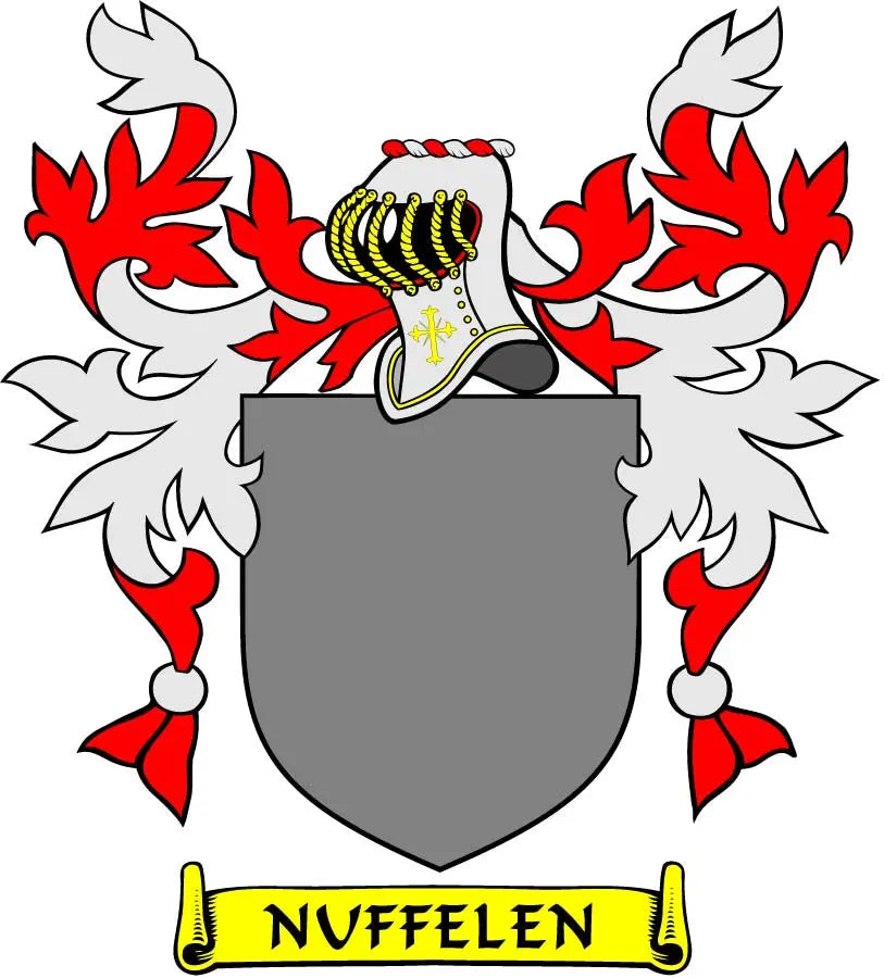 Family crest coat arms magnet with gray shield, red-and-white flames, and Nuffelen banner