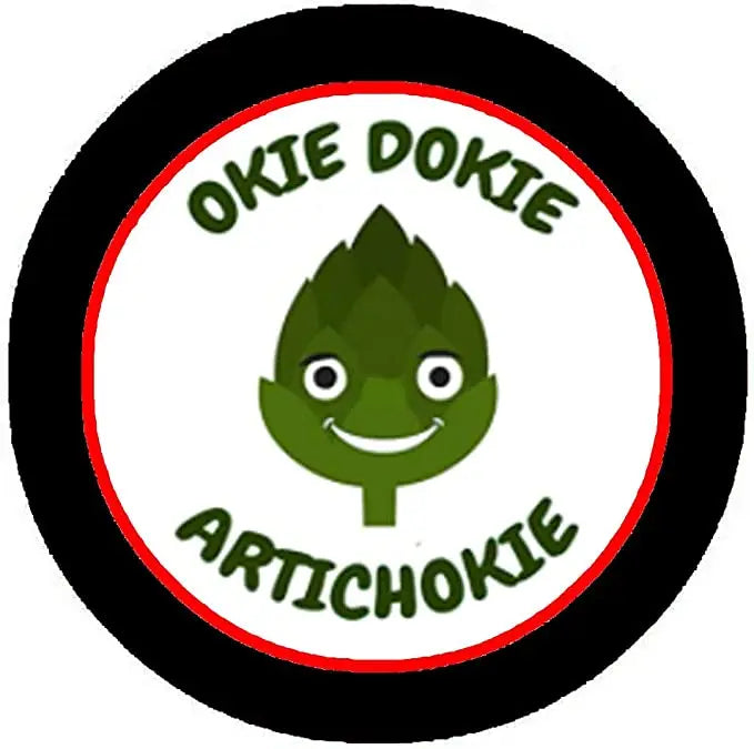 Black circular pinback button with red ring, green artichoke face, 'Okie Dokie Artichokie'