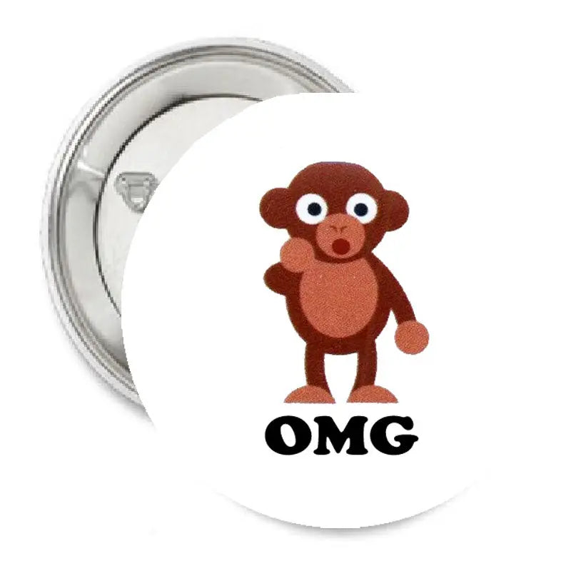 1.25-inch pinback button with brown cartoon animal and OMG logo