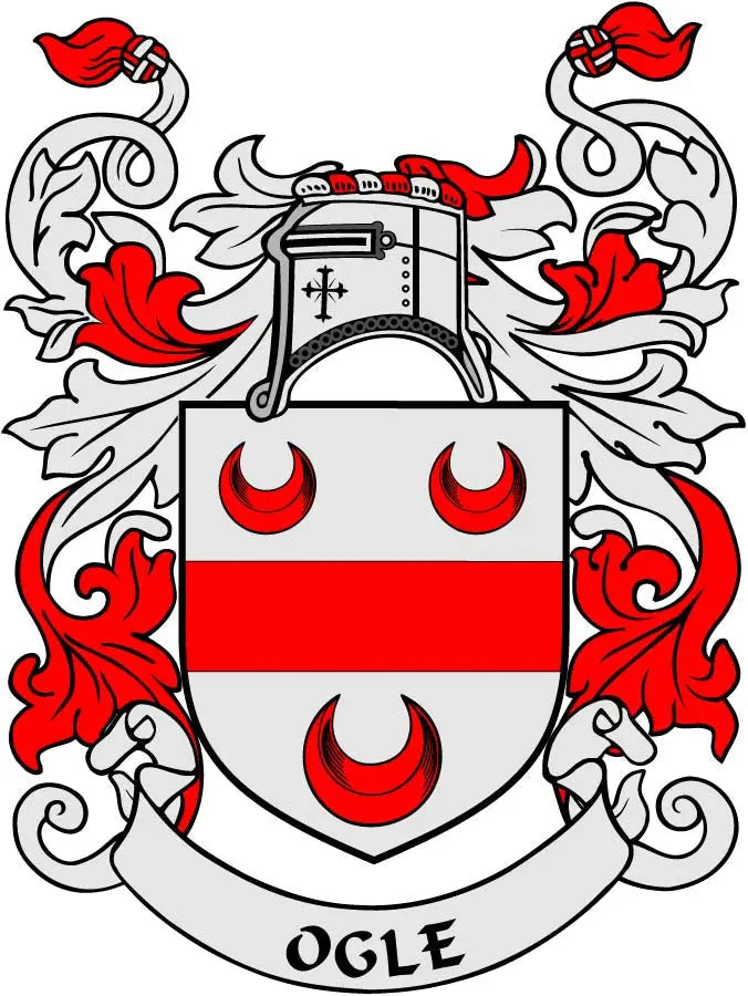 Ogle family crest coat-of-arms magnet with red and white shield and flame accents