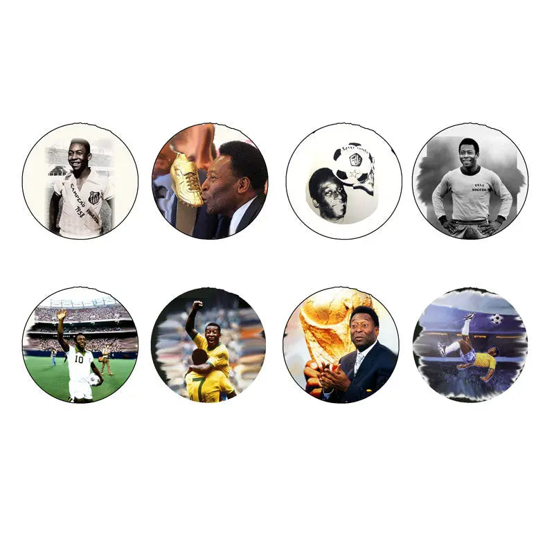 8-pack circular Pele pinback buttons, 1.25-inch badges with action photo designs