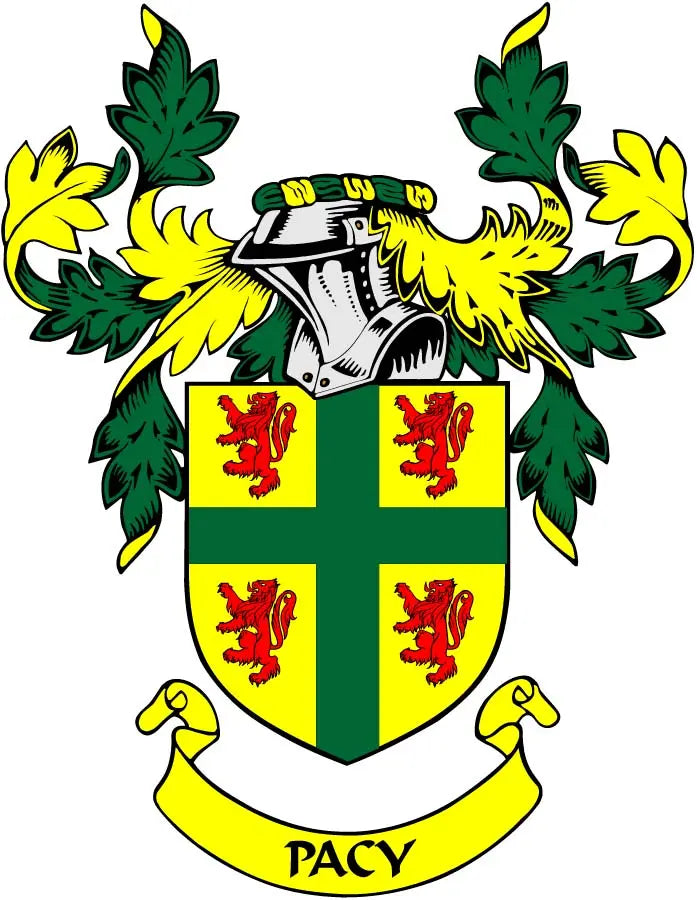 Family crest coat of arms arms magnet with green, yellow shield and PACY text