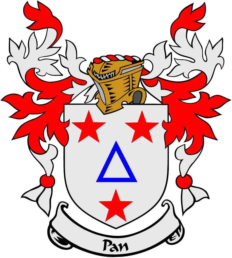 Heraldic family crest magnet (3-inch): white shield with red stars and blue triangle