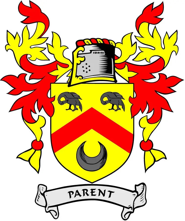 Family crest coat arms magnet with red and yellow shield and 'PARENT' banner
