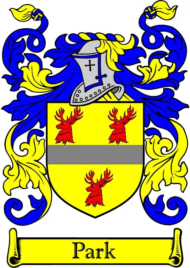 Coat of arms crest magnet with Park ribbon, blue/yellow/red shield