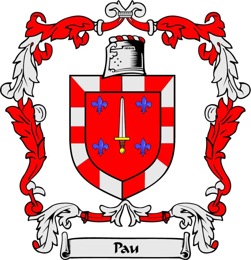 Pau coat of arms magnet: red-and-white shield with blue fleur-de-lis and sword