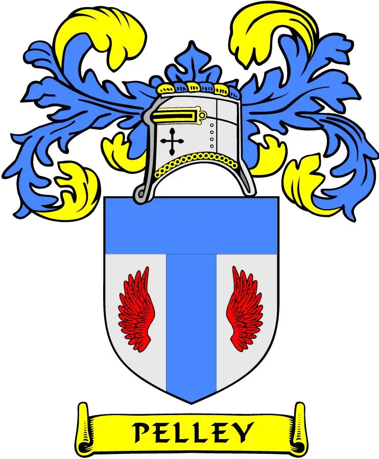 Coat of arms shield magnet with blue-and-white crest and 'PELLEY' banner
