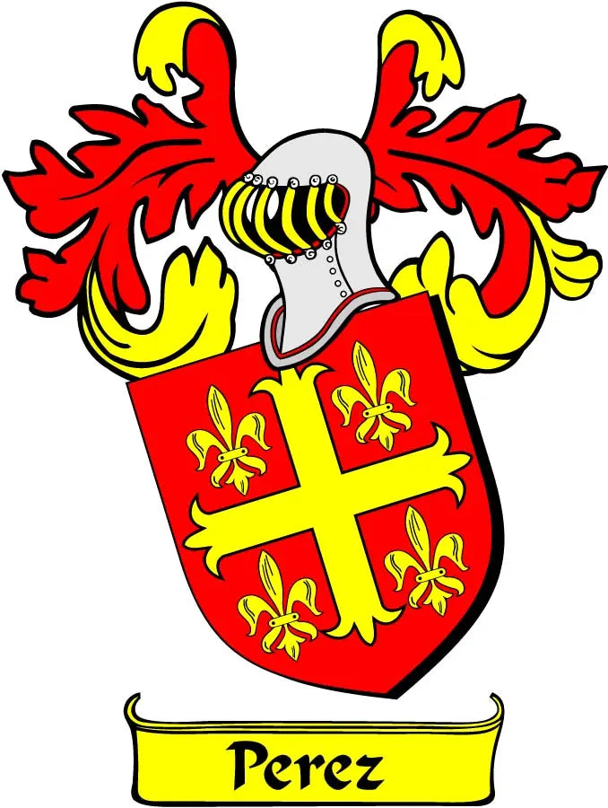 Family crest coat of arms magnet with red and yellow shield and banner reading 'Perez'