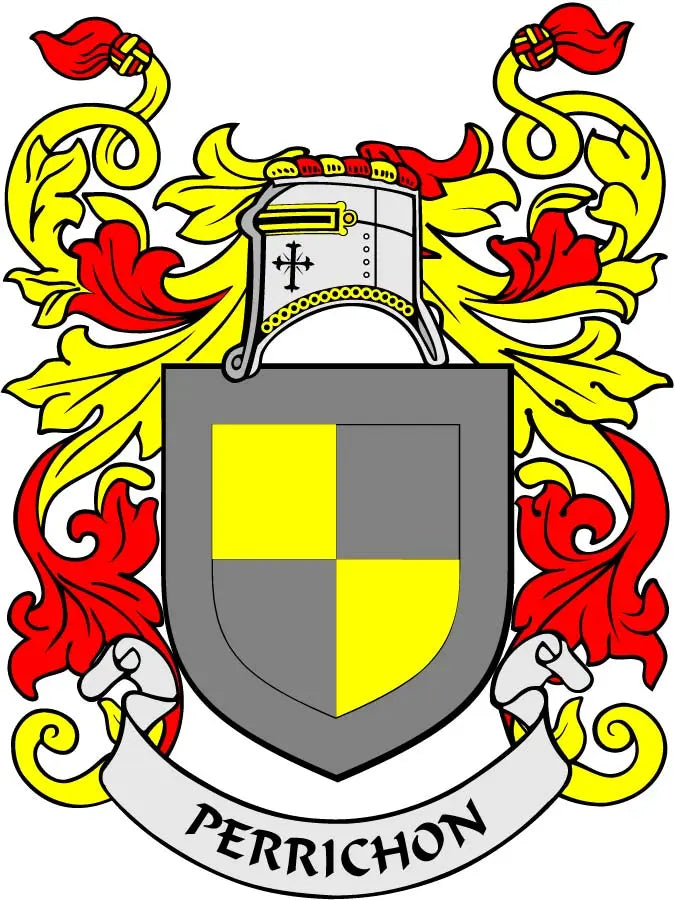 Perrichon family crest coat of arms pinback, gray shield with red and yellow flames