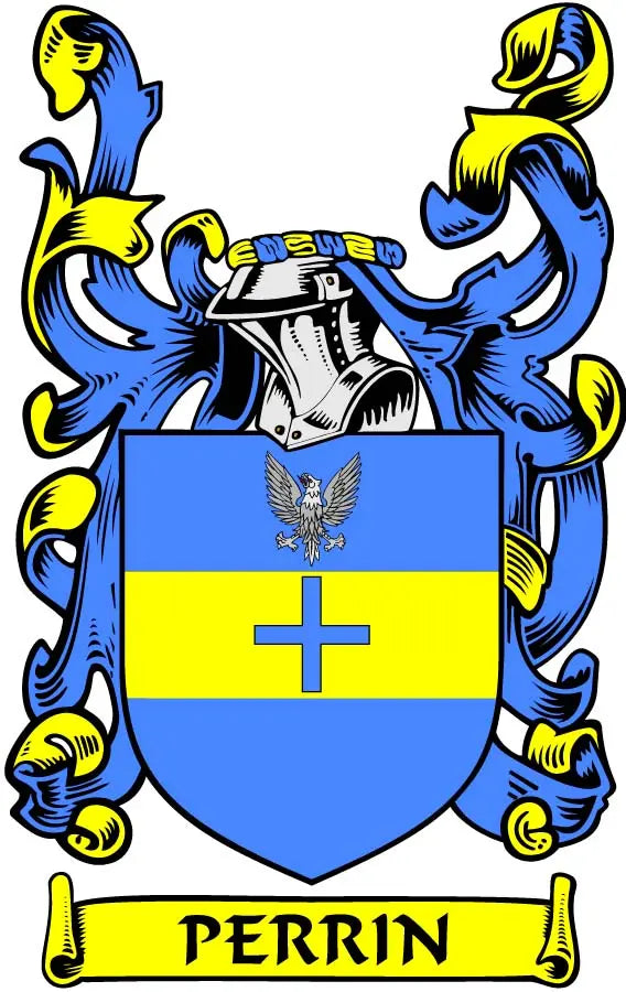 Perrin family crest coat arms magnet with blue shield, yellow cross, and PERRIN banner