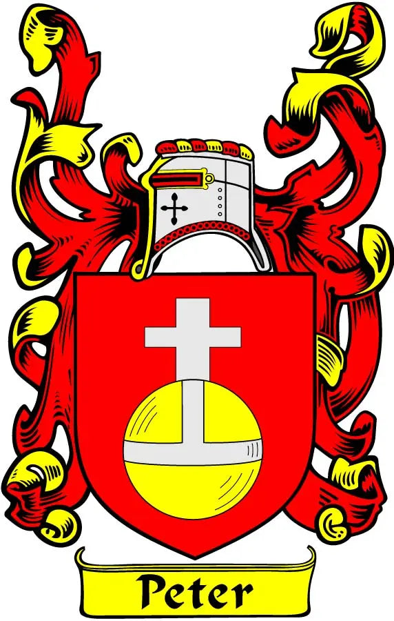 Family crest coat of arms magnet with red shield, white cross and anchor, 'Peter' ribbon