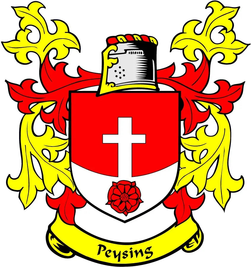 Red-and-white family crest arms magnet with Peysing shield and cross design