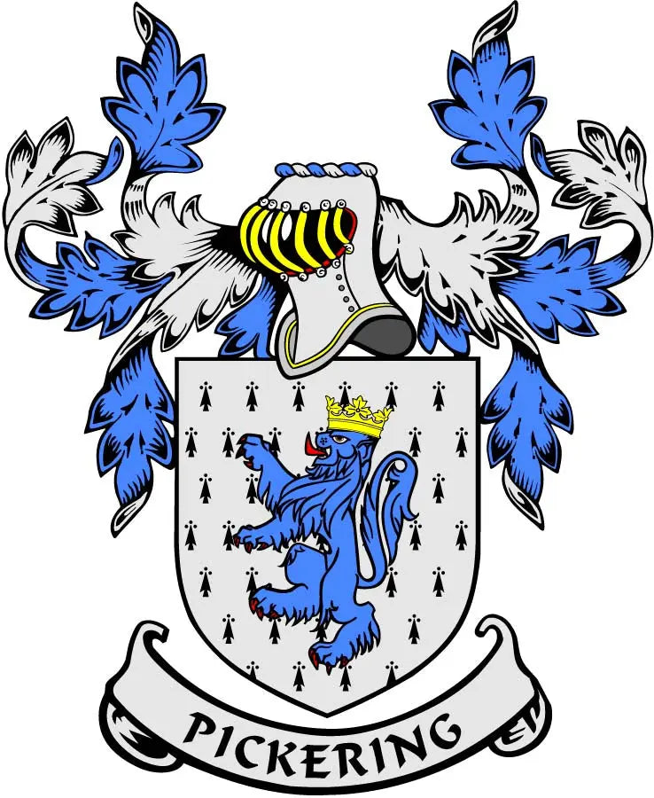 Family crest coat of arms magnet with Pickering ribbon, blue lion and shield design